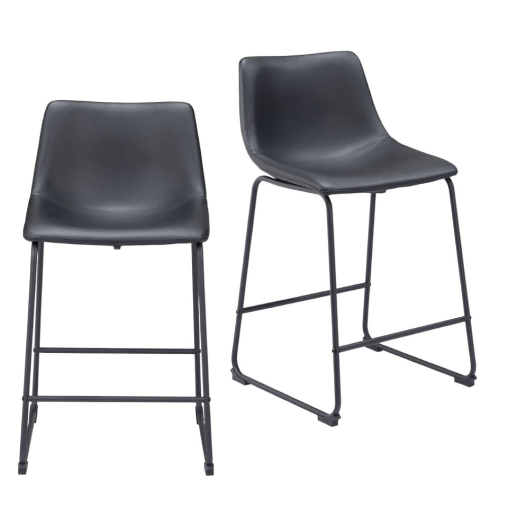 HomeRoots Set of Two Stylish 24" Black Faux Leather & Steel Counter Height Bar Chairs for Modern Spaces 555738
