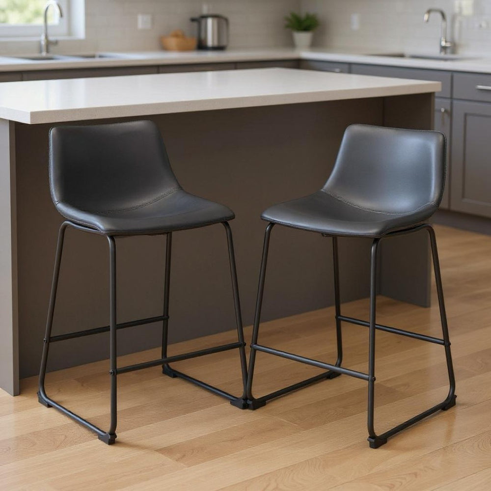 HomeRoots Set of Two Stylish 24" Black Faux Leather & Steel Counter Height Bar Chairs for Modern Spaces 555738