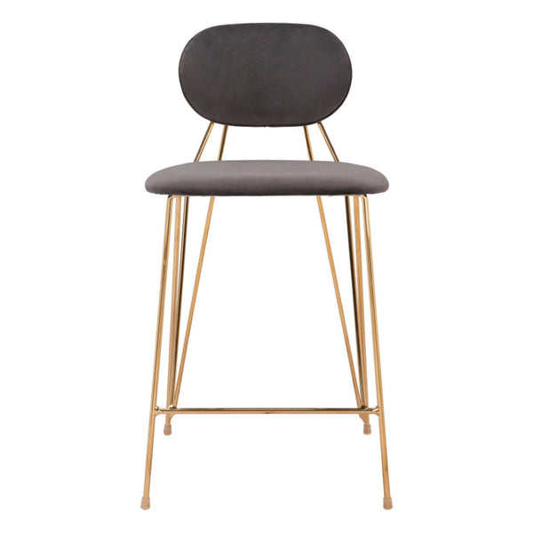 HomeRoots Set of Two Modern Gray Velvet and Gold Steel Low-Back Bar Chairs for Stylish Counter Seating 555741