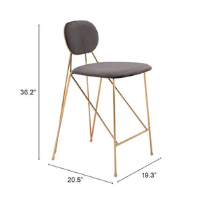 HomeRoots Set of Two Modern Gray Velvet and Gold Steel Low-Back Bar Chairs for Stylish Counter Seating 555741