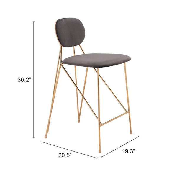 HomeRoots Set of Two Modern Gray Velvet and Gold Steel Low-Back Bar Chairs for Stylish Counter Seating 555741