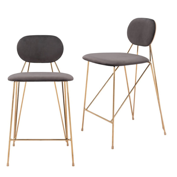 HomeRoots Set of Two Modern Gray Velvet and Gold Steel Low-Back Bar Chairs for Stylish Counter Seating 555741