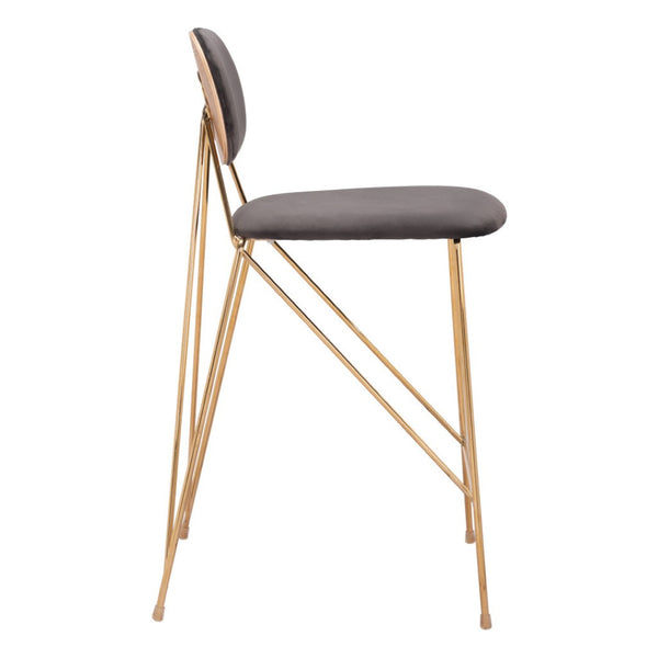 HomeRoots Set of Two Modern Gray Velvet and Gold Steel Low-Back Bar Chairs for Stylish Counter Seating 555741