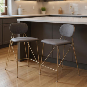 HomeRoots Set of Two Modern Gray Velvet and Gold Steel Low-Back Bar Chairs for Stylish Counter Seating 555741