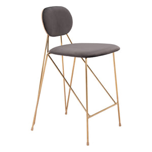HomeRoots Set of Two Modern Gray Velvet and Gold Steel Low-Back Bar Chairs for Stylish Counter Seating 555741