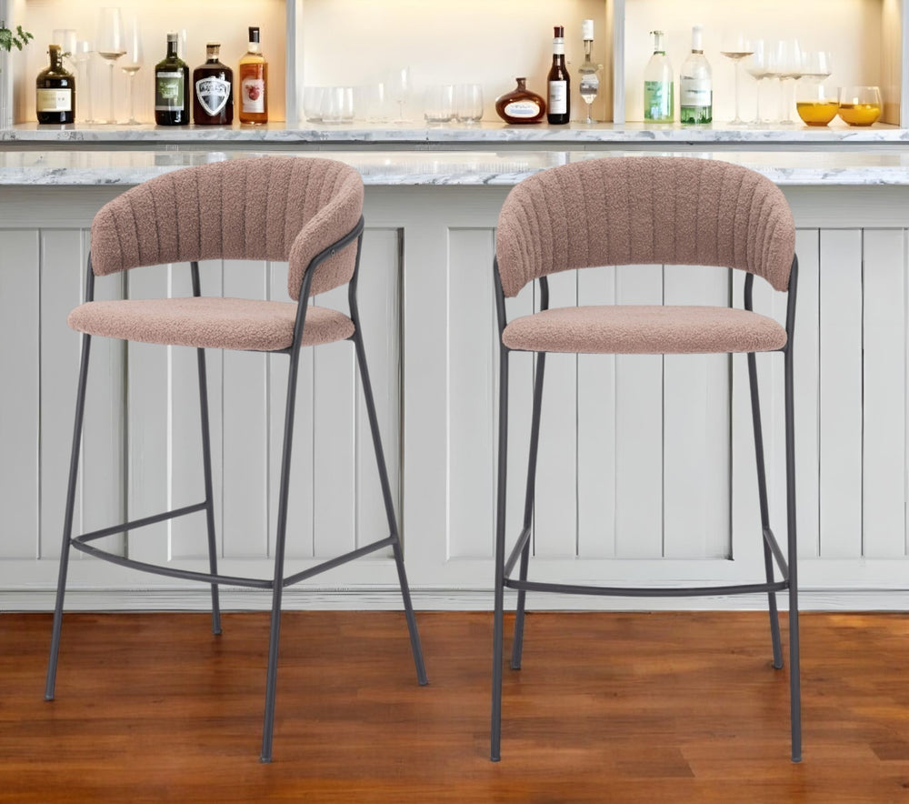 Homeroots Set Of Two 30" Brown And Black Shearling And Steel Low Back Bar Height Bar Chairs   555743