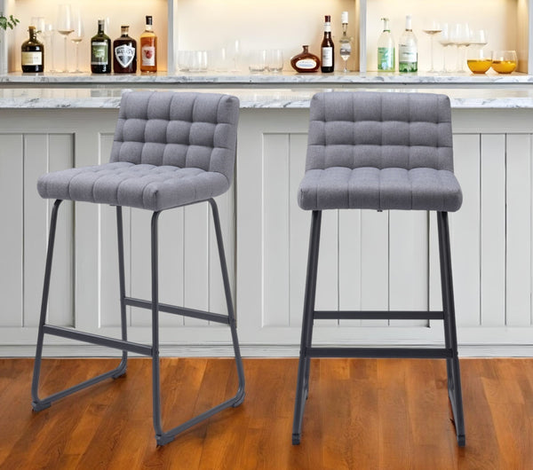 Homeroots Set Of Two 30" Gray And Black Fabric And Steel Bar Height Bar Chairs   555744