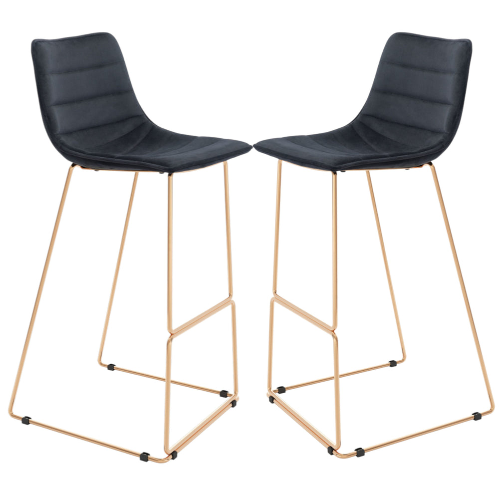 Homeroots Set Of Two 30" Black And Gold Velvet And Steel Bar Height Bar Chairs   555745