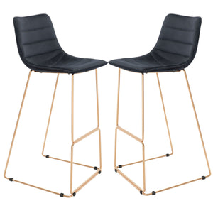 Homeroots Set Of Two 30" Black And Gold Velvet And Steel Bar Height Bar Chairs   555745