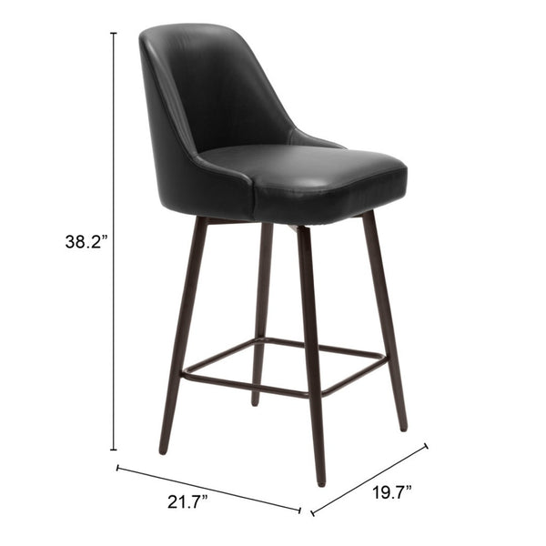 HomeRoots 26" Sleek Black Faux Leather Swivel Bar Chair with Bronze Steel Frame for Modern Home Spaces 555747