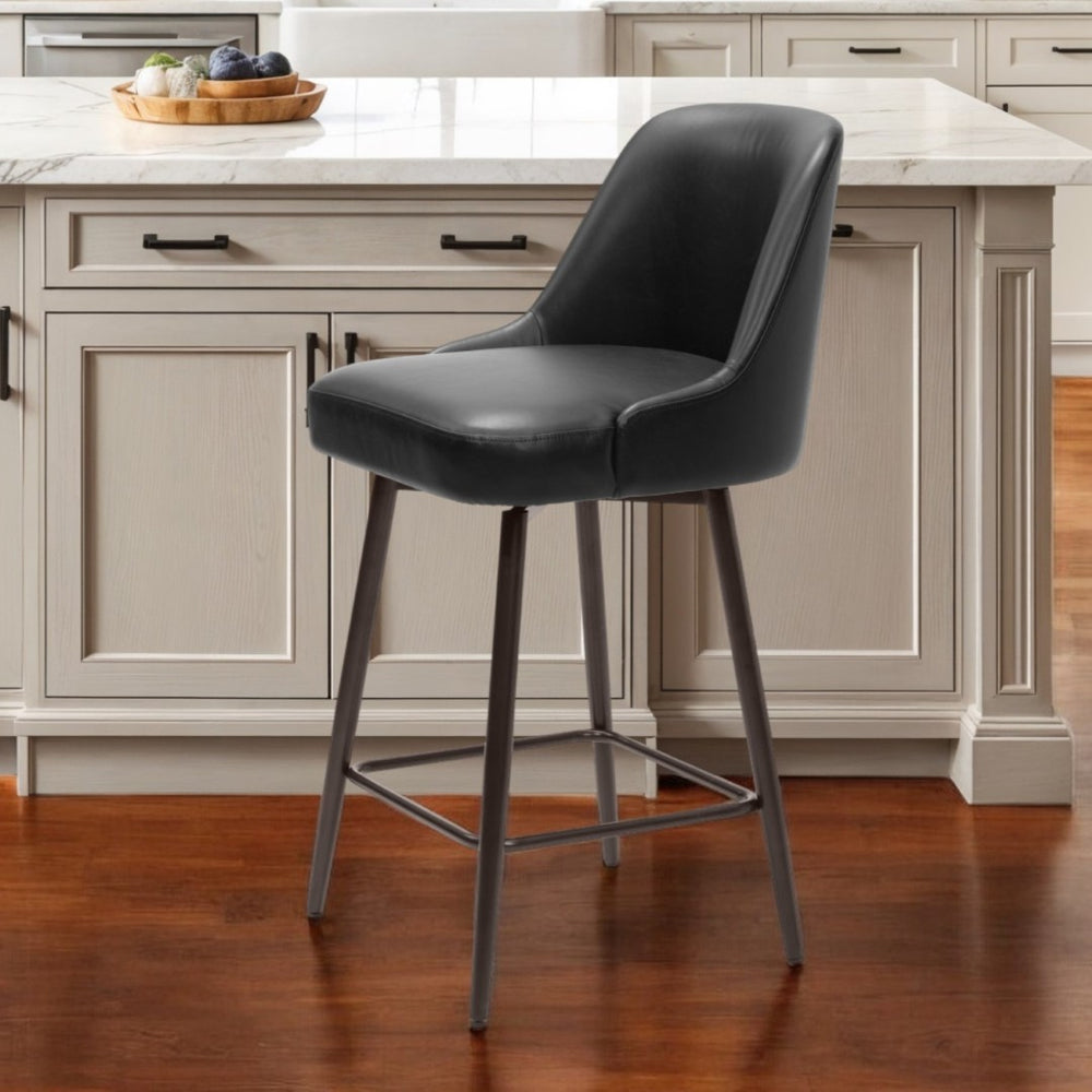 HomeRoots 26" Sleek Black Faux Leather Swivel Bar Chair with Bronze Steel Frame for Modern Home Spaces 555747