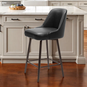 HomeRoots 26" Sleek Black Faux Leather Swivel Bar Chair with Bronze Steel Frame for Modern Home Spaces 555747