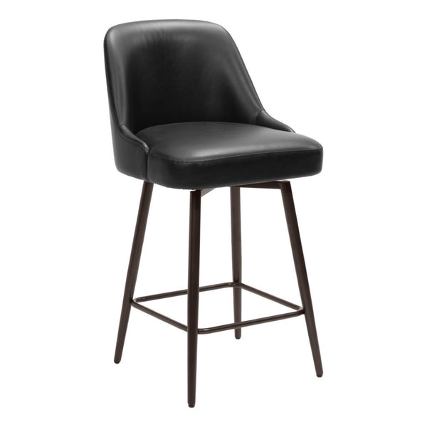 HomeRoots 26" Sleek Black Faux Leather Swivel Bar Chair with Bronze Steel Frame for Modern Home Spaces 555747
