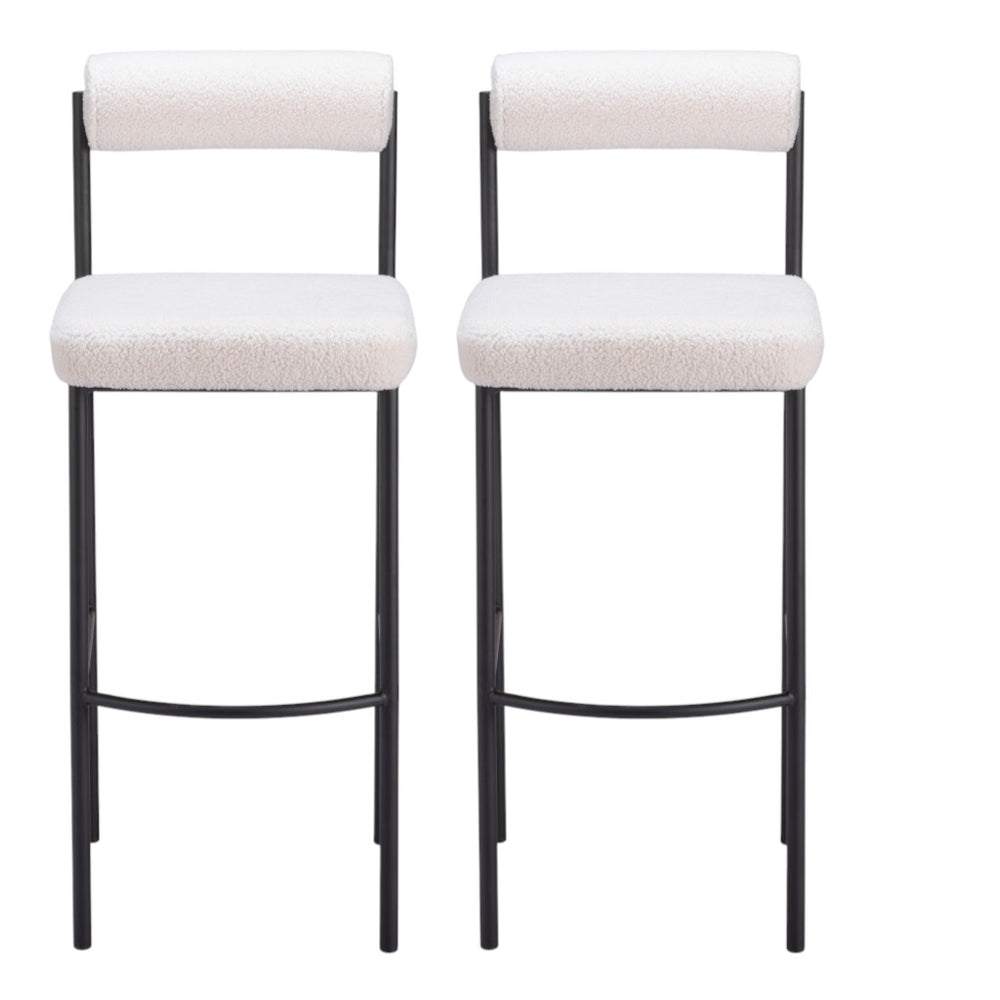 Homeroots Set Of Two 30" Ivory And Black Shearling And Steel Low Back Bar Height Bar Chairs   555748