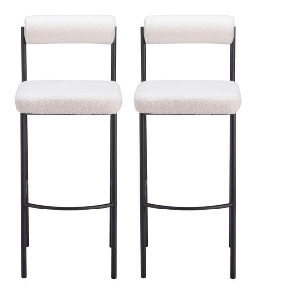 Homeroots Set Of Two 30" Ivory And Black Shearling And Steel Low Back Bar Height Bar Chairs   555748