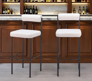 Homeroots Set Of Two 30" Ivory And Black Shearling And Steel Low Back Bar Height Bar Chairs   555748