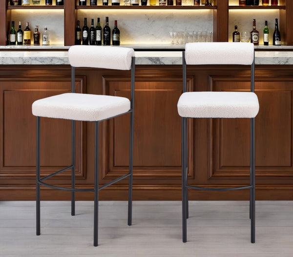 Homeroots Set Of Two 30" Ivory And Black Shearling And Steel Low Back Bar Height Bar Chairs   555748