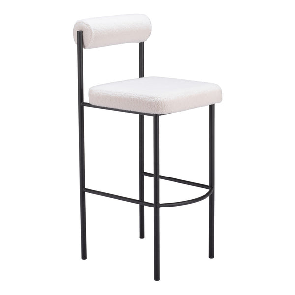 Homeroots Set Of Two 30" Ivory And Black Shearling And Steel Low Back Bar Height Bar Chairs   555748