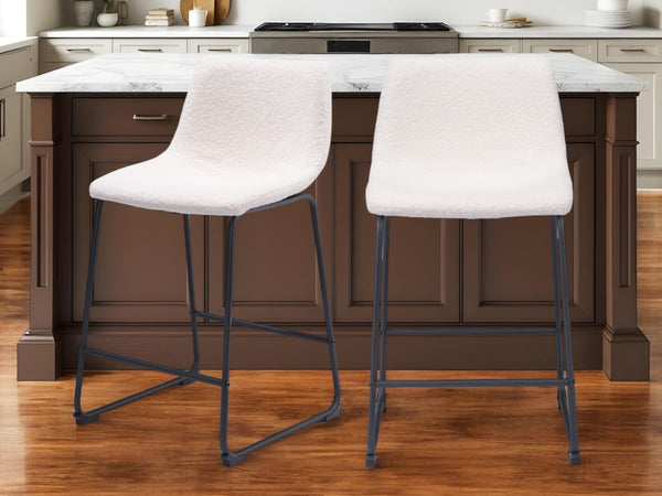 Homeroots Set Of Two 24" Ivory And Black Shearling And Steel Counter Height Bar Chairs   555749