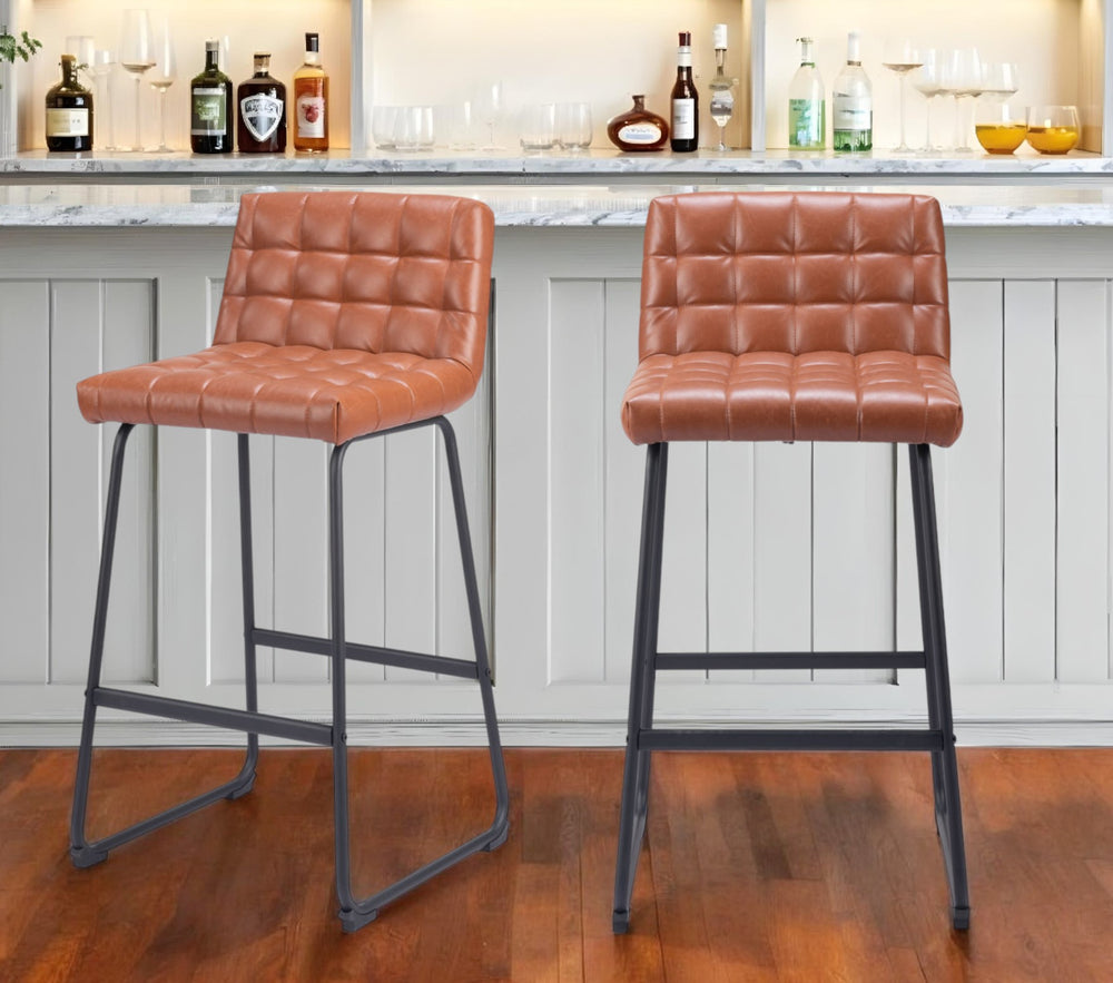 Homeroots Set Of Two 30" Brown And Black Faux Leather And Steel Bar Height Bar Chairs   555750