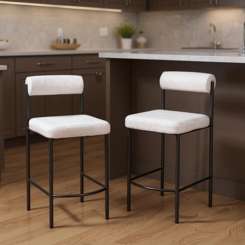 HomeRoots Set of Two Modern Ivory Faux Shearling Bar Chairs with Black Steel Frame for Stylish Dining Spaces 555751