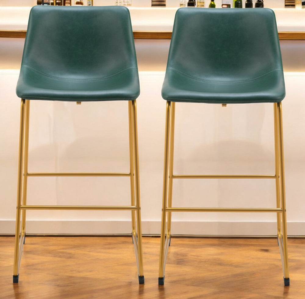 Homeroots Set Of Two 29" Green And Gold Faux Leather And Steel Bar Height Bar Chairs   555753