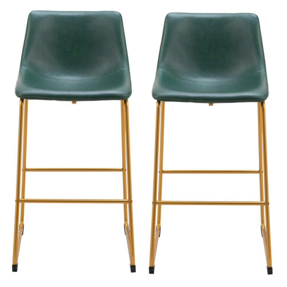 Homeroots Set Of Two 29" Green And Gold Faux Leather And Steel Bar Height Bar Chairs   555753