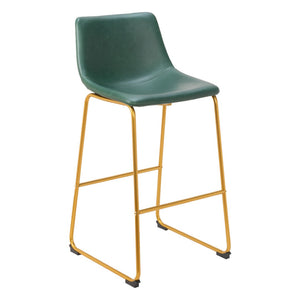 HomeRoots Set of Two Luxe Green Faux Leather Bar Chairs with Stylish Gold Steel Frame for Modern Spaces 555753