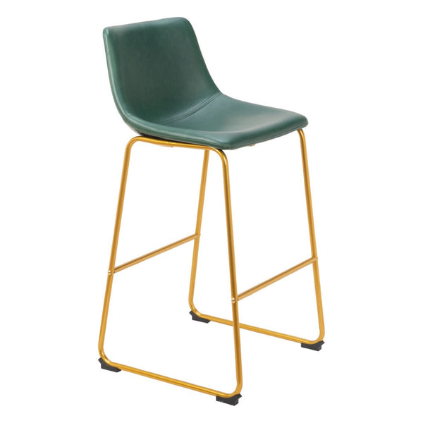 HomeRoots Set of Two Luxe Green Faux Leather Bar Chairs with Stylish Gold Steel Frame for Modern Spaces 555753