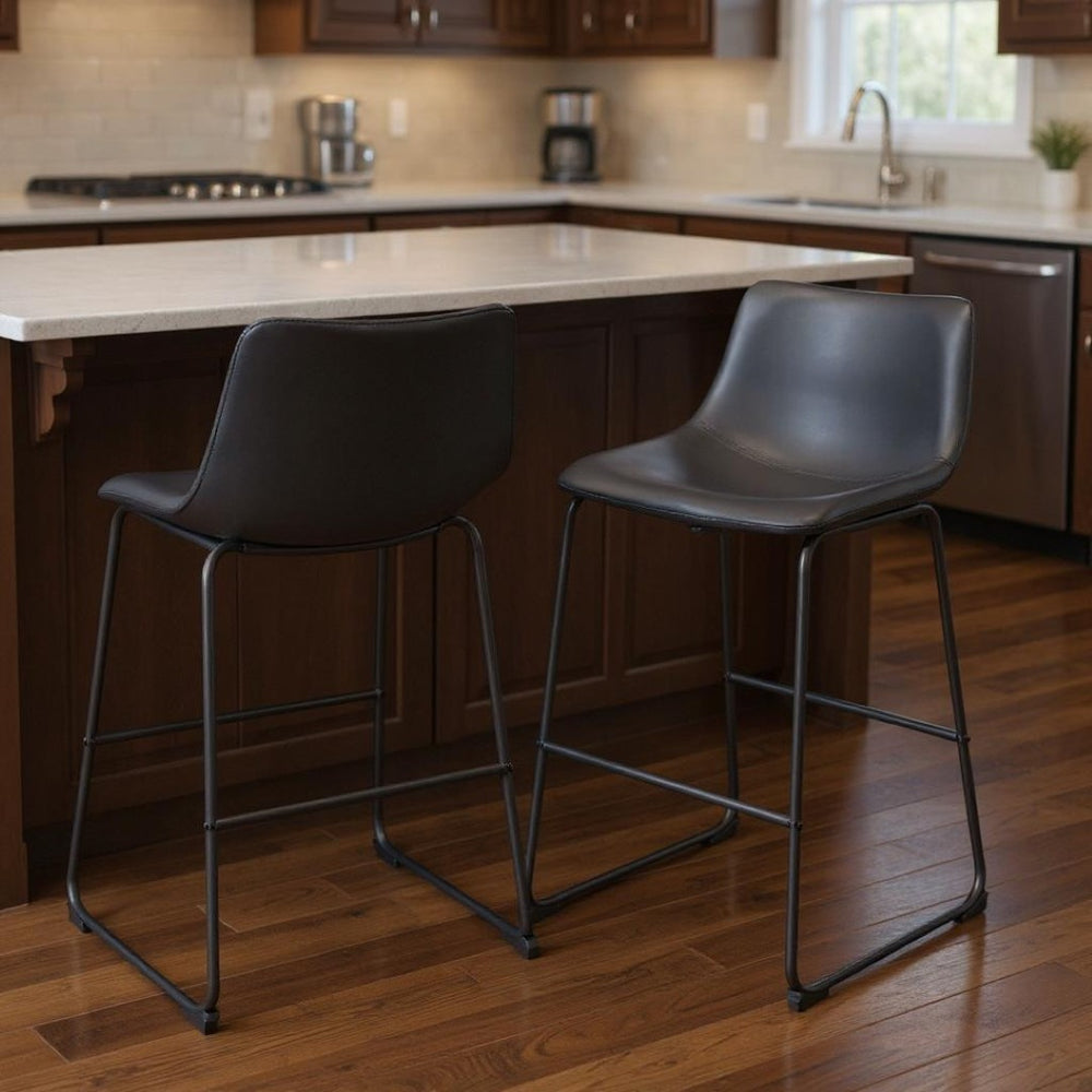 HomeRoots Set of Two Modern Black Faux Leather Bar Chairs with Steel Frame for Stylish Comfort and Support 555756