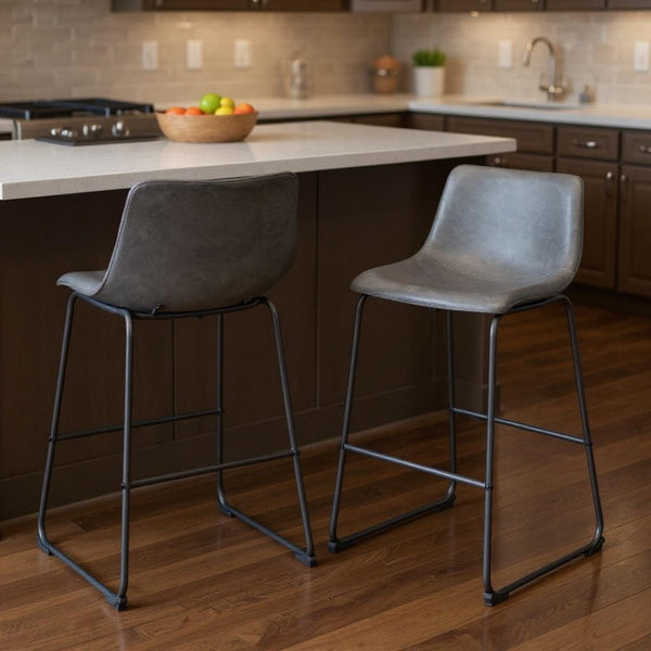HomeRoots Set of Two Modern Charcoal Faux Leather Bar Chairs with Steel Base for Kitchen & Dining Comfort 555757
