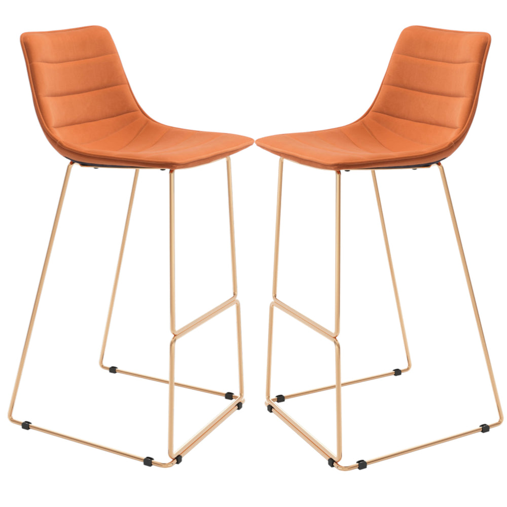Homeroots Set Of Two 30" Orange And Gold Velvet And Steel Bar Height Bar Chairs   555758