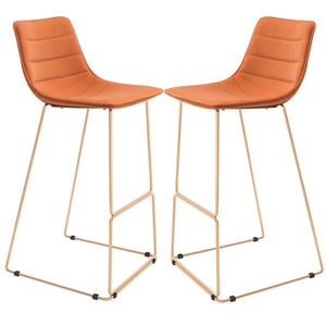 Homeroots Set Of Two 30" Orange And Gold Velvet And Steel Bar Height Bar Chairs   555758