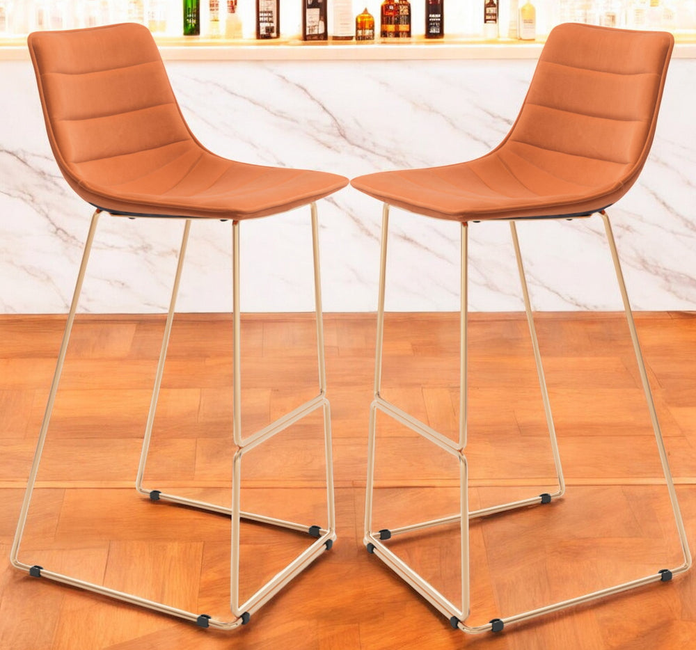 Homeroots Set Of Two 30" Orange And Gold Velvet And Steel Bar Height Bar Chairs   555758