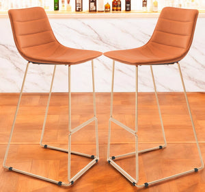 Homeroots Set Of Two 30" Orange And Gold Velvet And Steel Bar Height Bar Chairs   555758