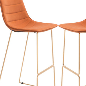 Homeroots Set Of Two 30" Orange And Gold Velvet And Steel Bar Height Bar Chairs   555758