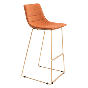 Homeroots Set Of Two 30" Orange And Gold Velvet And Steel Bar Height Bar Chairs   555758