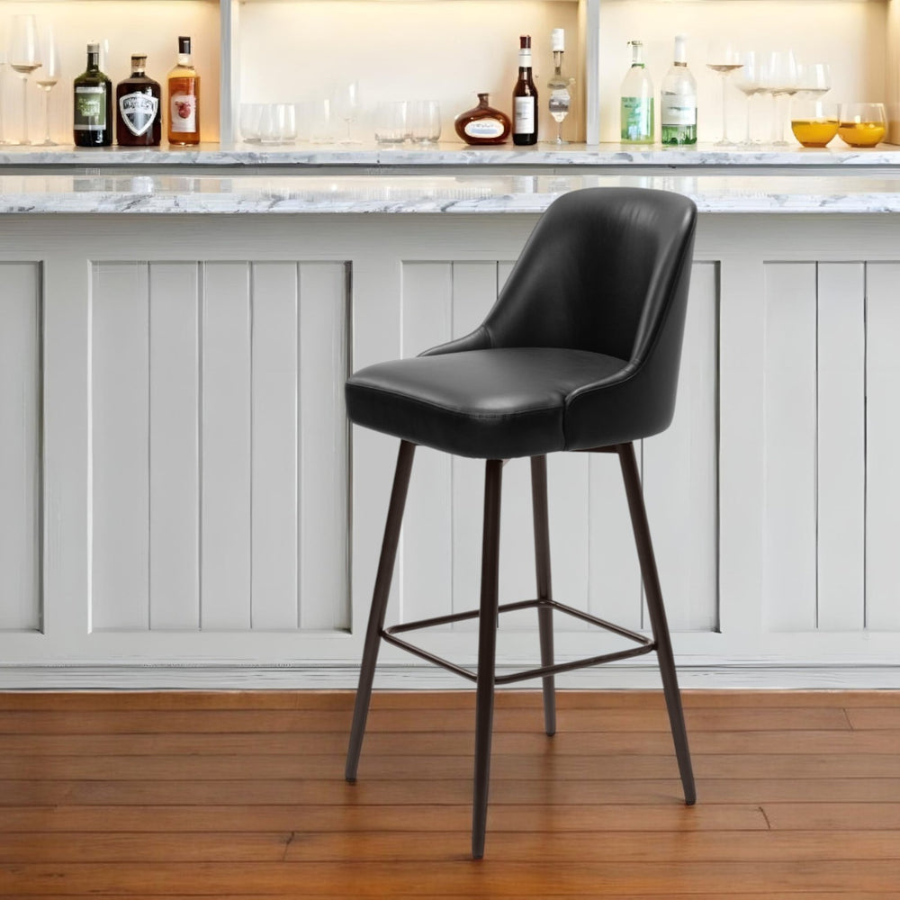 Homeroots 30" Black And Bronze Faux Leather And Steel Bar Height Swivel Bar Chair   555761