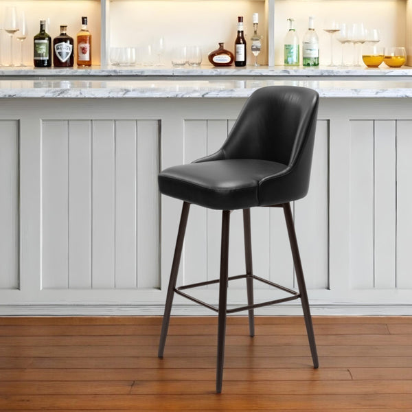 Homeroots 30" Black And Bronze Faux Leather And Steel Bar Height Swivel Bar Chair   555761