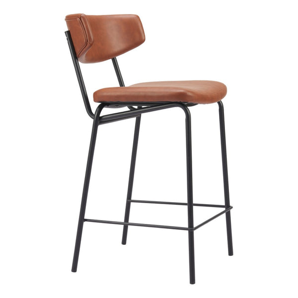 HomeRoots Set of Two Low Back Bar Stools - Brown Faux Leather & Black Steel Frame for Stylish Kitchen Seating 555765