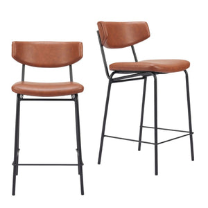 HomeRoots Set of Two Low Back Bar Stools - Brown Faux Leather & Black Steel Frame for Stylish Kitchen Seating 555765