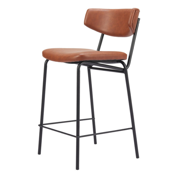 HomeRoots Set of Two Low Back Bar Stools - Brown Faux Leather & Black Steel Frame for Stylish Kitchen Seating 555765