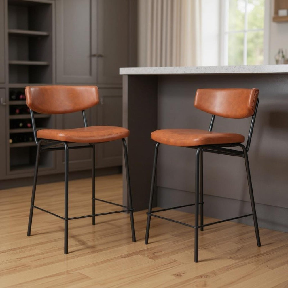 HomeRoots Set of Two Low Back Bar Stools - Brown Faux Leather & Black Steel Frame for Stylish Kitchen Seating 555765