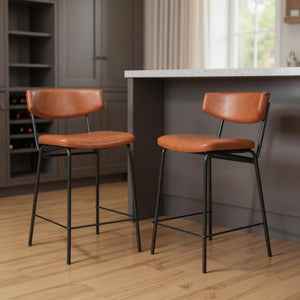 HomeRoots Set of Two Low Back Bar Stools - Brown Faux Leather & Black Steel Frame for Stylish Kitchen Seating 555765