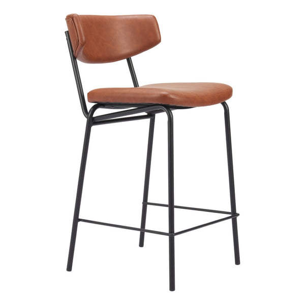 HomeRoots Set of Two Low Back Bar Stools - Brown Faux Leather & Black Steel Frame for Stylish Kitchen Seating 555765