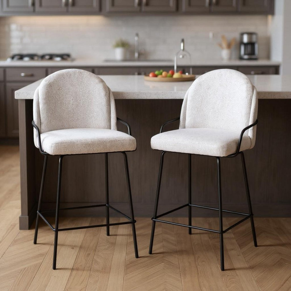 HomeRoots Set of Two Contemporary Ivory Faux Shearling Bar Chairs with Black Steel Frame – Stylish Comfort! 555766
