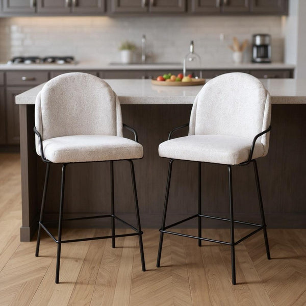 HomeRoots Set of Two Contemporary Ivory Faux Shearling Bar Chairs with Black Steel Frame – Stylish Comfort! 555766