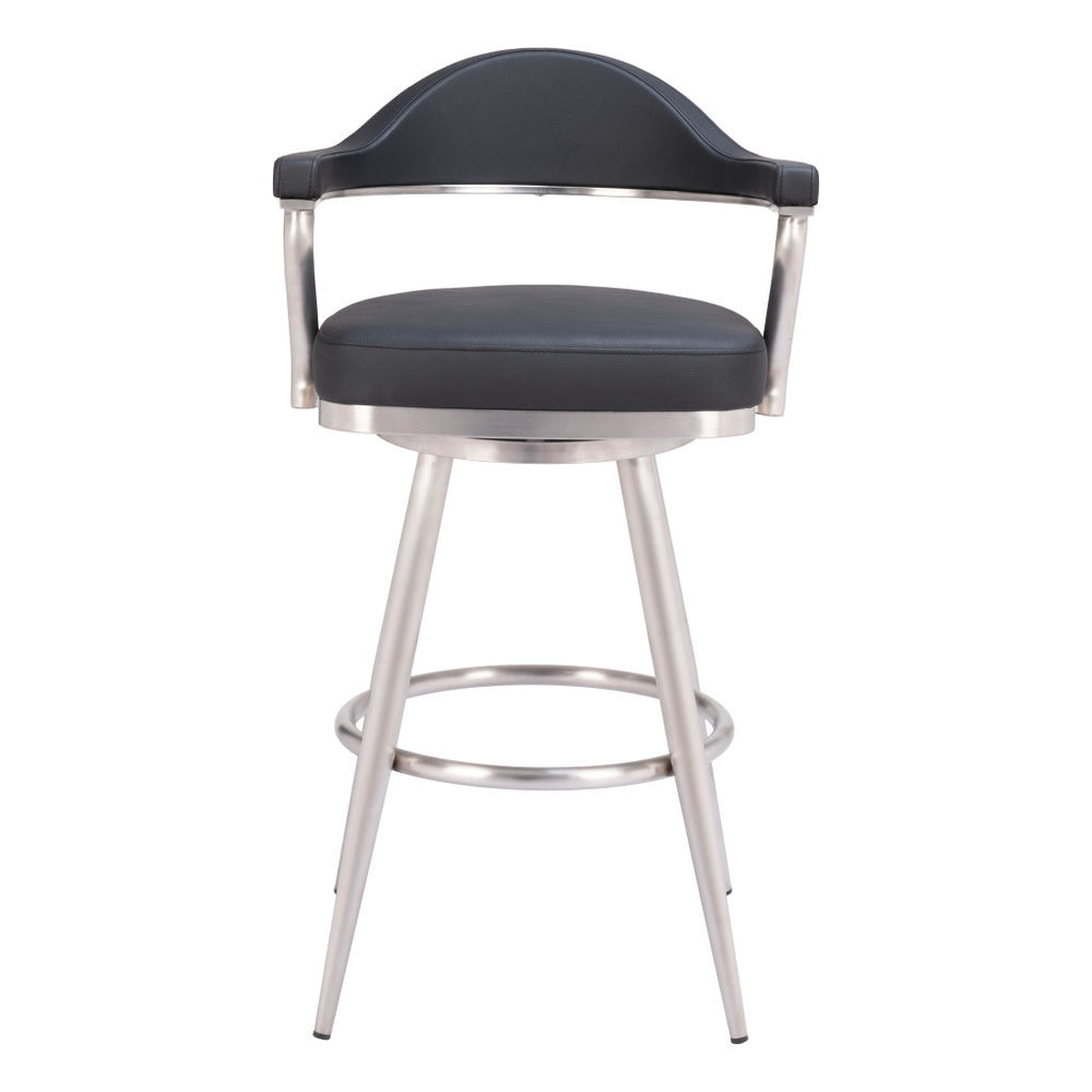 Homeroots 30" Black And Silver Faux Leather And Stainless Steel Bar Height Swivel Bar Chair   555767