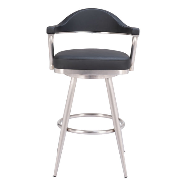 Homeroots 30" Black And Silver Faux Leather And Stainless Steel Bar Height Swivel Bar Chair   555767