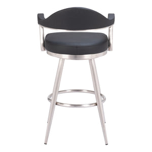 Homeroots 30" Black And Silver Faux Leather And Stainless Steel Bar Height Swivel Bar Chair   555767
